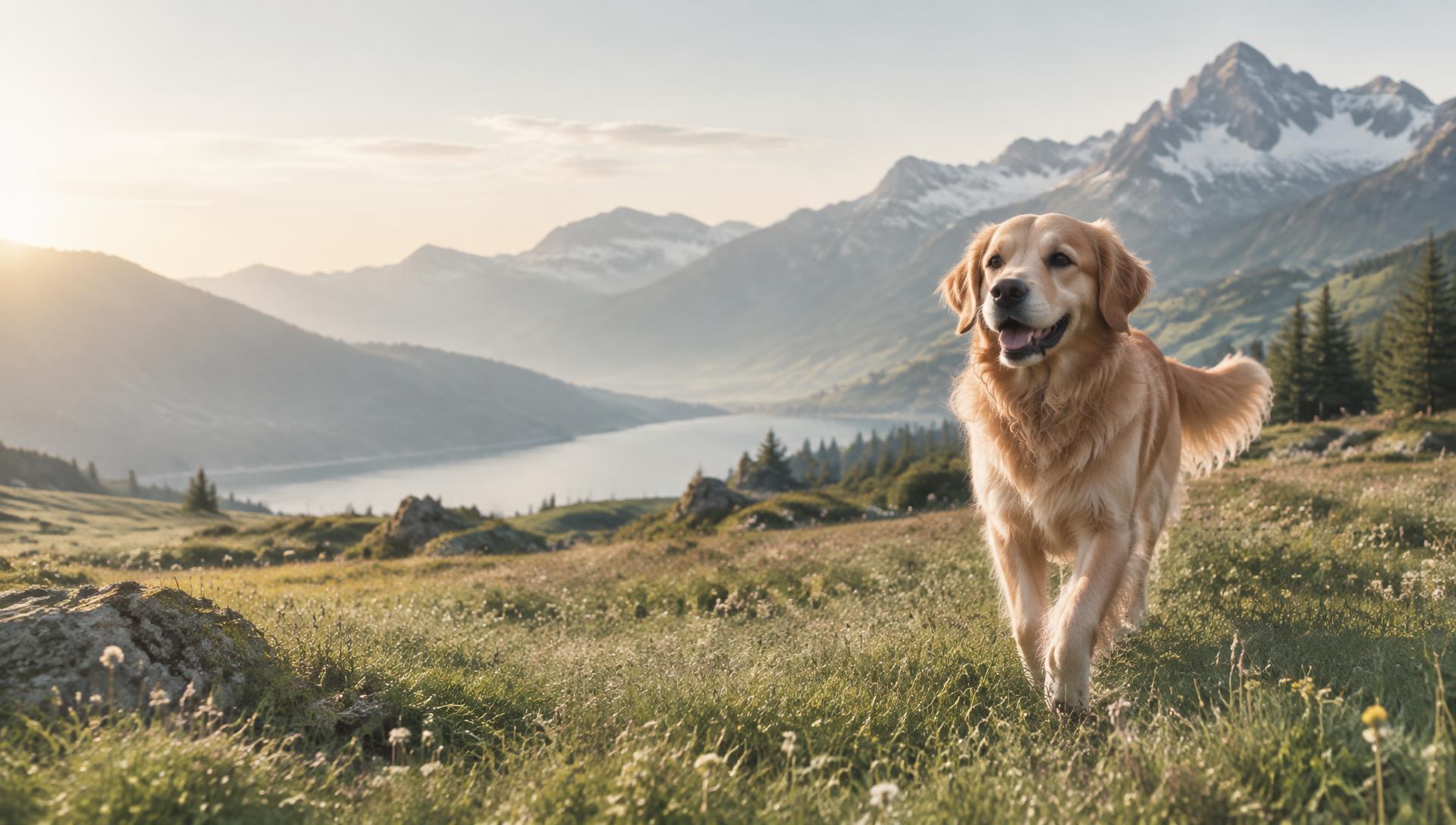 A healthy mature dog walking through an alpine meadow